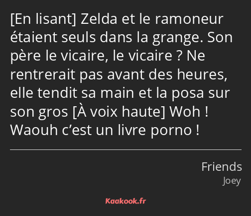  Zelda et le ramoneur étaient seuls dans la grange. Son père le vicaire, le vicaire ? Ne rentrerait…