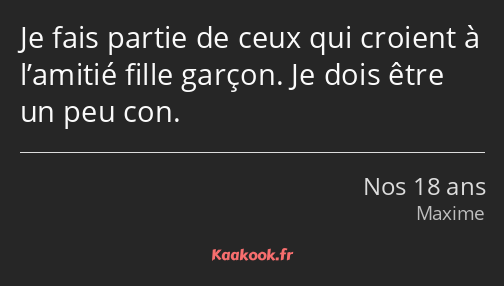 Je fais partie de ceux qui croient à l’amitié fille garçon. Je dois être un peu con.