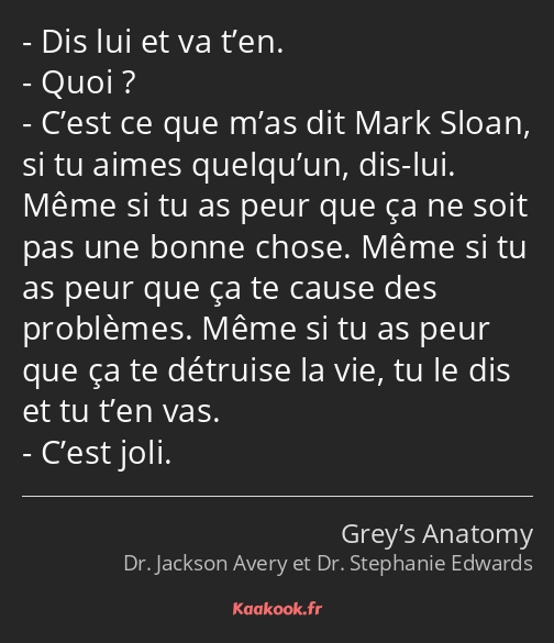 Dis lui et va t’en. Quoi ? C’est ce que m’as dit Mark Sloan, si tu aimes quelqu’un, dis-lui. Même…