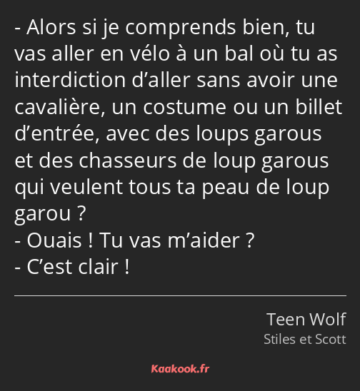 Alors si je comprends bien, tu vas aller en vélo à un bal où tu as interdiction d’aller sans avoir…