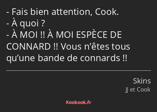 Fais bien attention, Cook. À quoi ? À MOI !! À MOI ESPÈCE DE CONNARD !! Vous n’êtes tous qu’une…