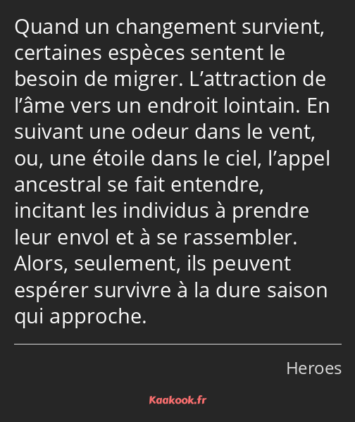 Quand un changement survient, certaines espèces sentent le besoin de migrer. L’attraction de l’âme…