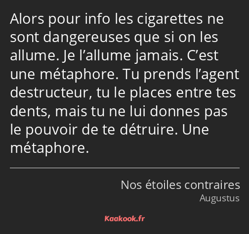 Alors pour info les cigarettes ne sont dangereuses que si on les allume. Je l’allume jamais. C’est…