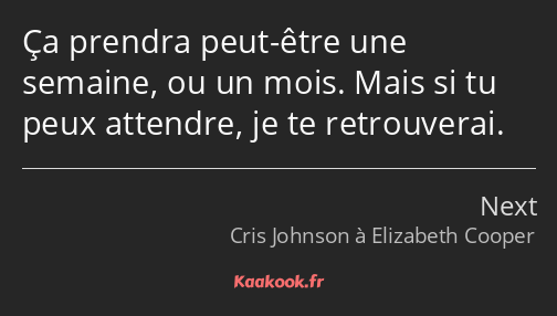 Ça prendra peut-être une semaine, ou un mois. Mais si tu peux attendre, je te retrouverai.