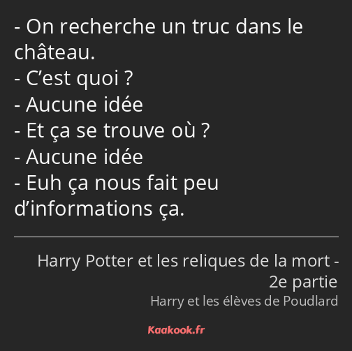 On recherche un truc dans le château. C’est quoi ? Aucune idée Et ça se trouve où ? Aucune idée Euh…