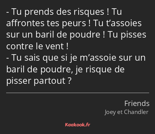 Tu prends des risques ! Tu affrontes tes peurs ! Tu t’assoies sur un baril de poudre ! Tu pisses…