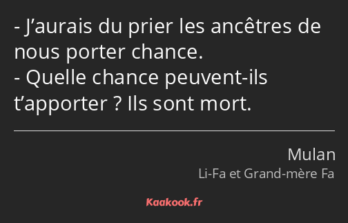 J’aurais du prier les ancêtres de nous porter chance. Quelle chance peuvent-ils t’apporter ? Ils…