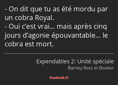 On dit que tu as été mordu par un cobra Royal. Oui c’est vrai… mais après cinq jours d’agonie…