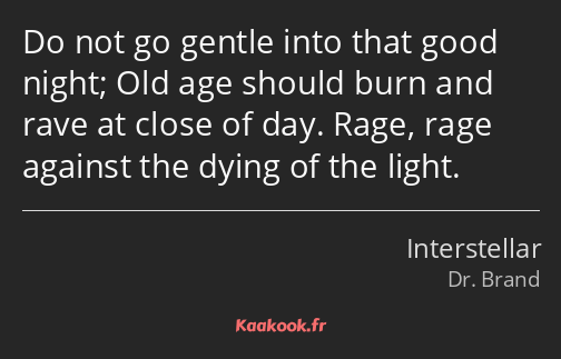 Do not go gentle into that good night; Old age should burn and rave at close of day. Rage, rage…