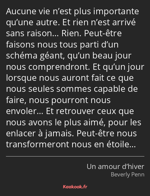 Aucune vie n’est plus importante qu’une autre. Et rien n’est arrivé sans raison… Rien. Peut-être…