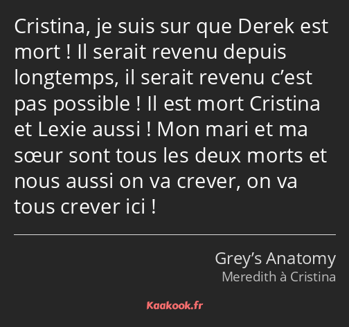 Cristina, je suis sur que Derek est mort ! Il serait revenu depuis longtemps, il serait revenu…