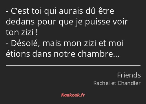 C’est toi qui aurais dû être dedans pour que je puisse voir ton zizi ! Désolé, mais mon zizi et moi…