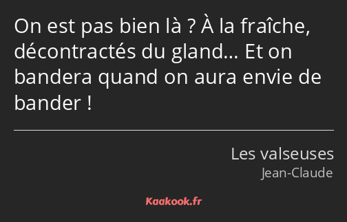 On est pas bien là ? À la fraîche, décontractés du gland… Et on bandera quand on aura envie de…