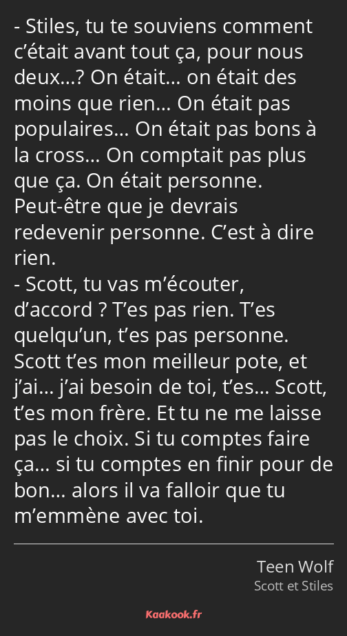 Stiles, tu te souviens comment c’était avant tout ça, pour nous deux…? On était… on était des moins…