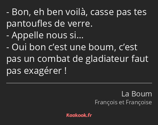 Bon, eh ben voilà, casse pas tes pantoufles de verre. Appelle nous si… Oui bon c’est une boum…