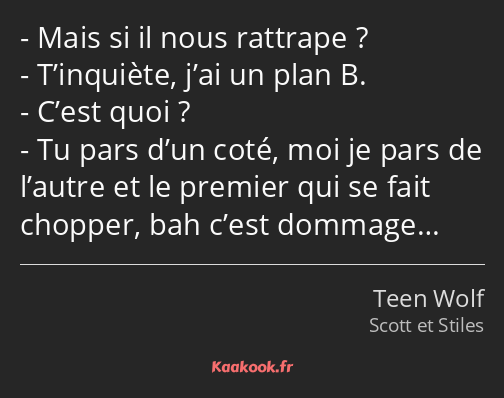 Mais si il nous rattrape ? T’inquiète, j’ai un plan B. C’est quoi ? Tu pars d’un coté, moi je pars…