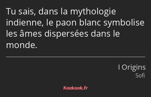 Tu sais, dans la mythologie indienne, le paon blanc symbolise les âmes dispersées dans le monde.