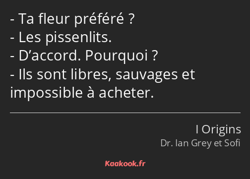 Ta fleur préféré ? Les pissenlits. D’accord. Pourquoi ? Ils sont libres, sauvages et impossible à…