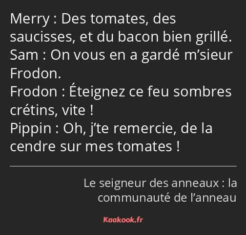 Des tomates, des saucisses, et du bacon bien grillé. On vous en a gardé m’sieur Frodon. Éteignez ce…