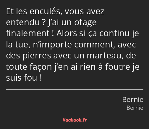 Et les enculés, vous avez entendu ? J’ai un otage finalement ! Alors si ça continu je la tue…