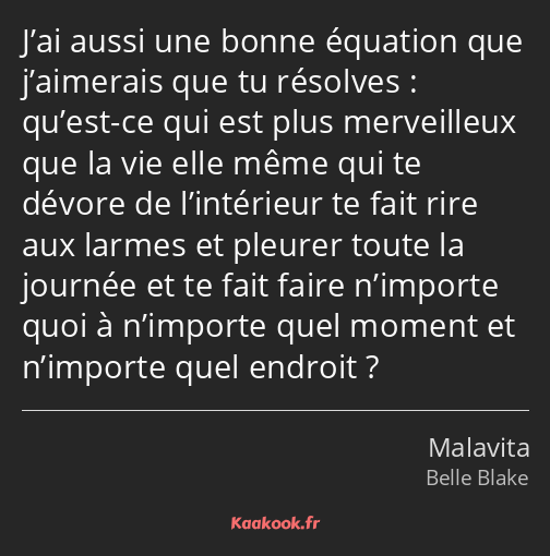 J’ai aussi une bonne équation que j’aimerais que tu résolves : qu’est-ce qui est plus merveilleux…