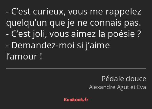 C’est curieux, vous me rappelez quelqu’un que je ne connais pas. C’est joli, vous aimez la poésie…