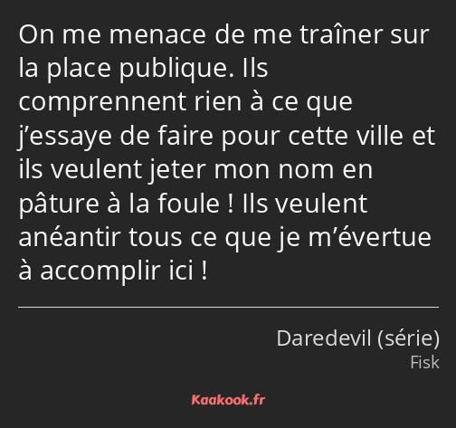 On me menace de me traîner sur la place publique. Ils comprennent rien à ce que j’essaye de faire…