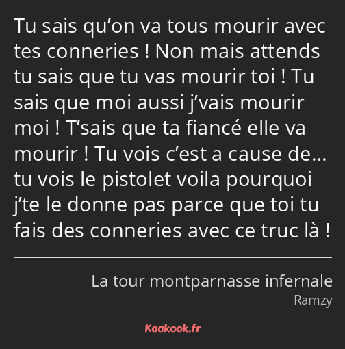 Tu sais qu’on va tous mourir avec tes conneries ! Non mais attends tu sais que tu vas mourir toi…