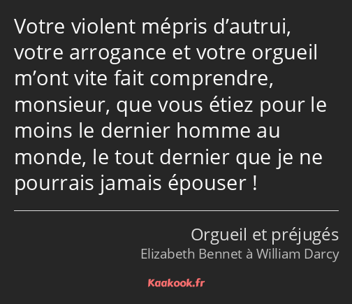 Votre violent mépris d’autrui, votre arrogance et votre orgueil m’ont vite fait comprendre…