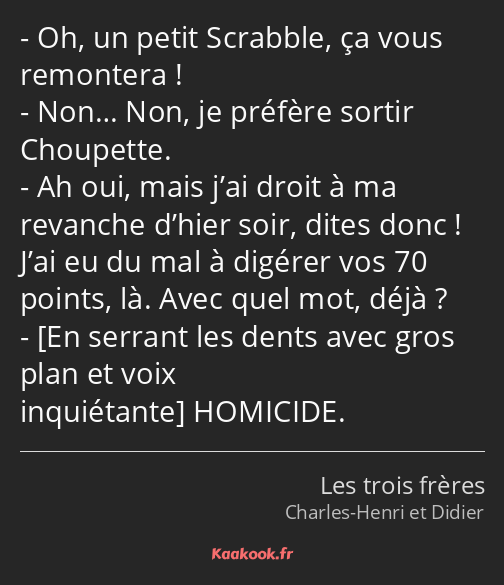 Oh, un petit Scrabble, ça vous remontera ! Non… Non, je préfère sortir Choupette. Ah oui, mais j’ai…