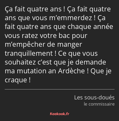 Ça fait quatre ans ! Ça fait quatre ans que vous m’emmerdez ! Ça fait quatre ans que chaque année…