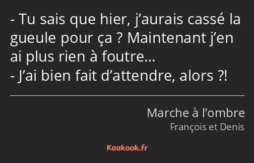 Tu sais que hier, j’aurais cassé la gueule pour ça ? Maintenant j’en ai plus rien à foutre… J’ai…