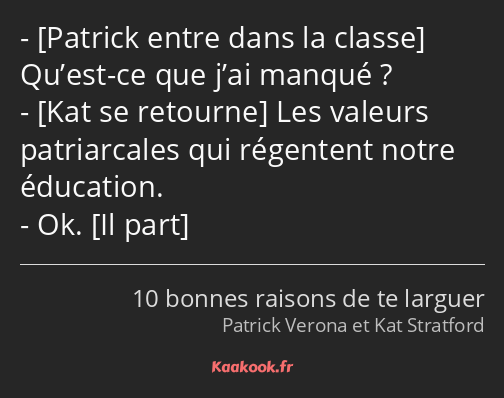  Qu’est-ce que j’ai manqué ? Les valeurs patriarcales qui régentent notre éducation. Ok. 