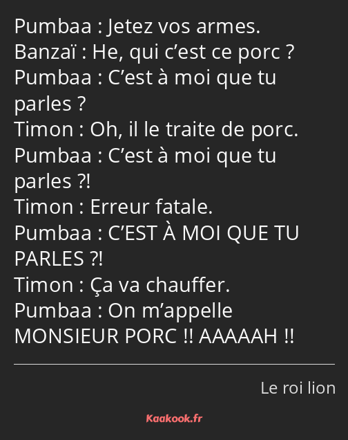 Jetez vos armes. He, qui c’est ce porc ? C’est à moi que tu parles ? Oh, il le traite de porc…