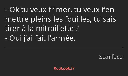 Ok tu veux frimer, tu veux t’en mettre pleins les fouilles, tu sais tirer à la mitraillette ? Oui…