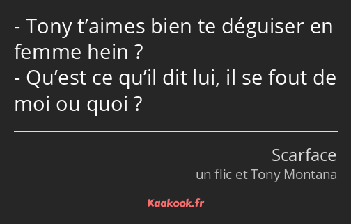 Tony t’aimes bien te déguiser en femme hein ? Qu’est ce qu’il dit lui, il se fout de moi ou quoi ?