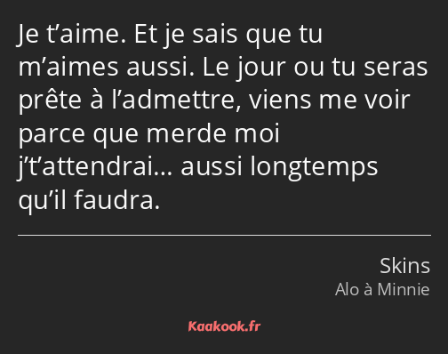 Je t’aime. Et je sais que tu m’aimes aussi. Le jour ou tu seras prête à l’admettre, viens me voir…