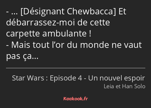 … Et débarrassez-moi de cette carpette ambulante ! Mais tout l’or du monde ne vaut pas ça…