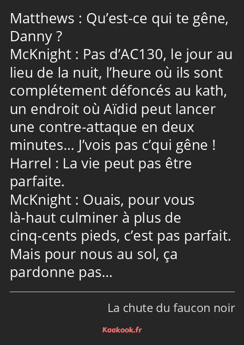 Qu’est-ce qui te gêne, Danny ? Pas d’AC130, le jour au lieu de la nuit, l’heure où ils sont…