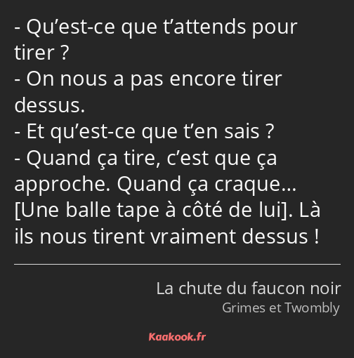 Qu’est-ce que t’attends pour tirer ? On nous a pas encore tirer dessus. Et qu’est-ce que t’en sais…