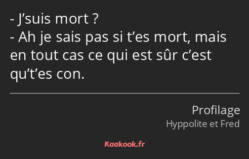 J’suis mort ? Ah je sais pas si t’es mort, mais en tout cas ce qui est sûr c’est qu’t’es con.