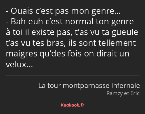 Ouais c’est pas mon genre… Bah euh c’est normal ton genre à toi il existe pas, t’as vu ta gueule…