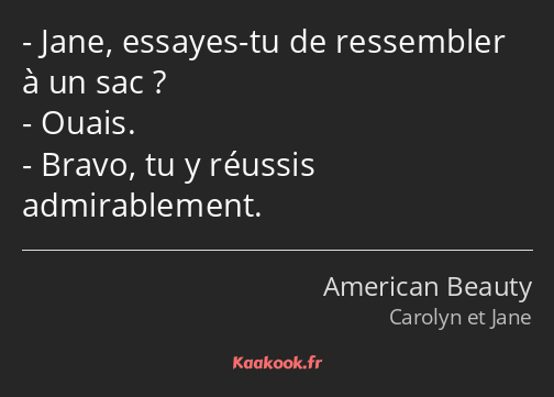 Jane, essayes-tu de ressembler à un sac ? Ouais. Bravo, tu y réussis admirablement.