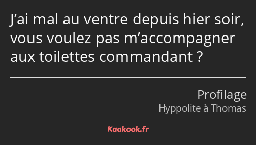 J’ai mal au ventre depuis hier soir, vous voulez pas m’accompagner aux toilettes commandant ?