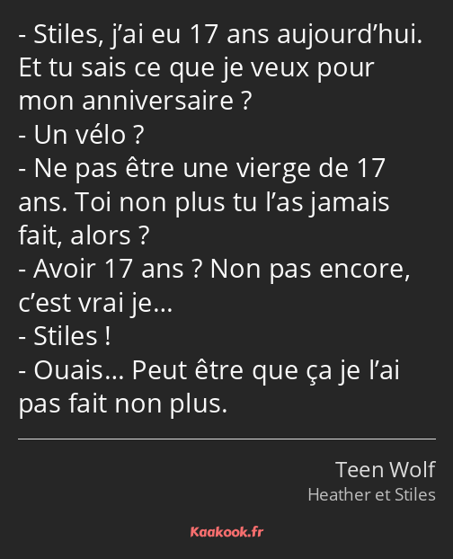 Stiles, j’ai eu 17 ans aujourd’hui. Et tu sais ce que je veux pour mon anniversaire ? Un vélo ? Ne…