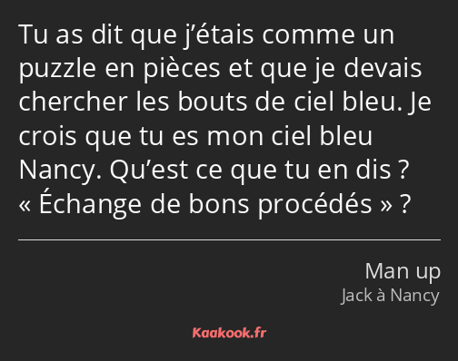 Tu as dit que j’étais comme un puzzle en pièces et que je devais chercher les bouts de ciel bleu…