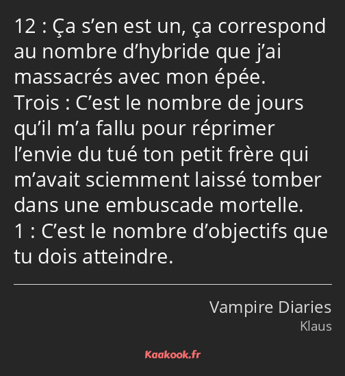 12 : Ça s’en est un, ça correspond au nombre d’hybride que j’ai massacrés avec mon épée. Trois…