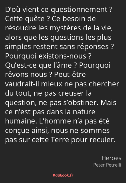 D’où vient ce questionnement ? Cette quête ? Ce besoin de résoudre les mystères de la vie, alors…