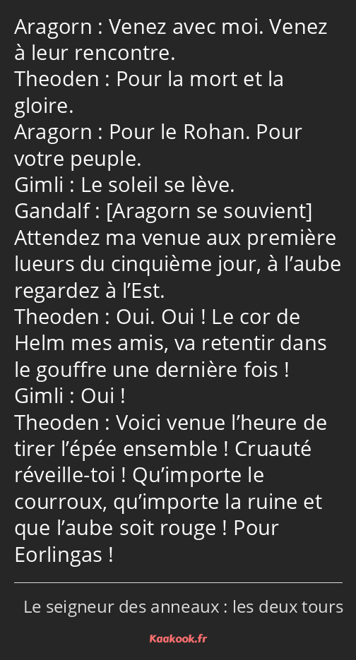 Venez avec moi. Venez à leur rencontre. Pour la mort et la gloire. Pour le Rohan. Pour votre peuple…