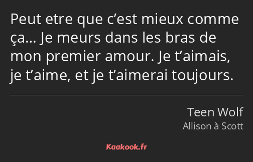 Peut etre que c’est mieux comme ça… Je meurs dans les bras de mon premier amour. Je t’aimais, je…